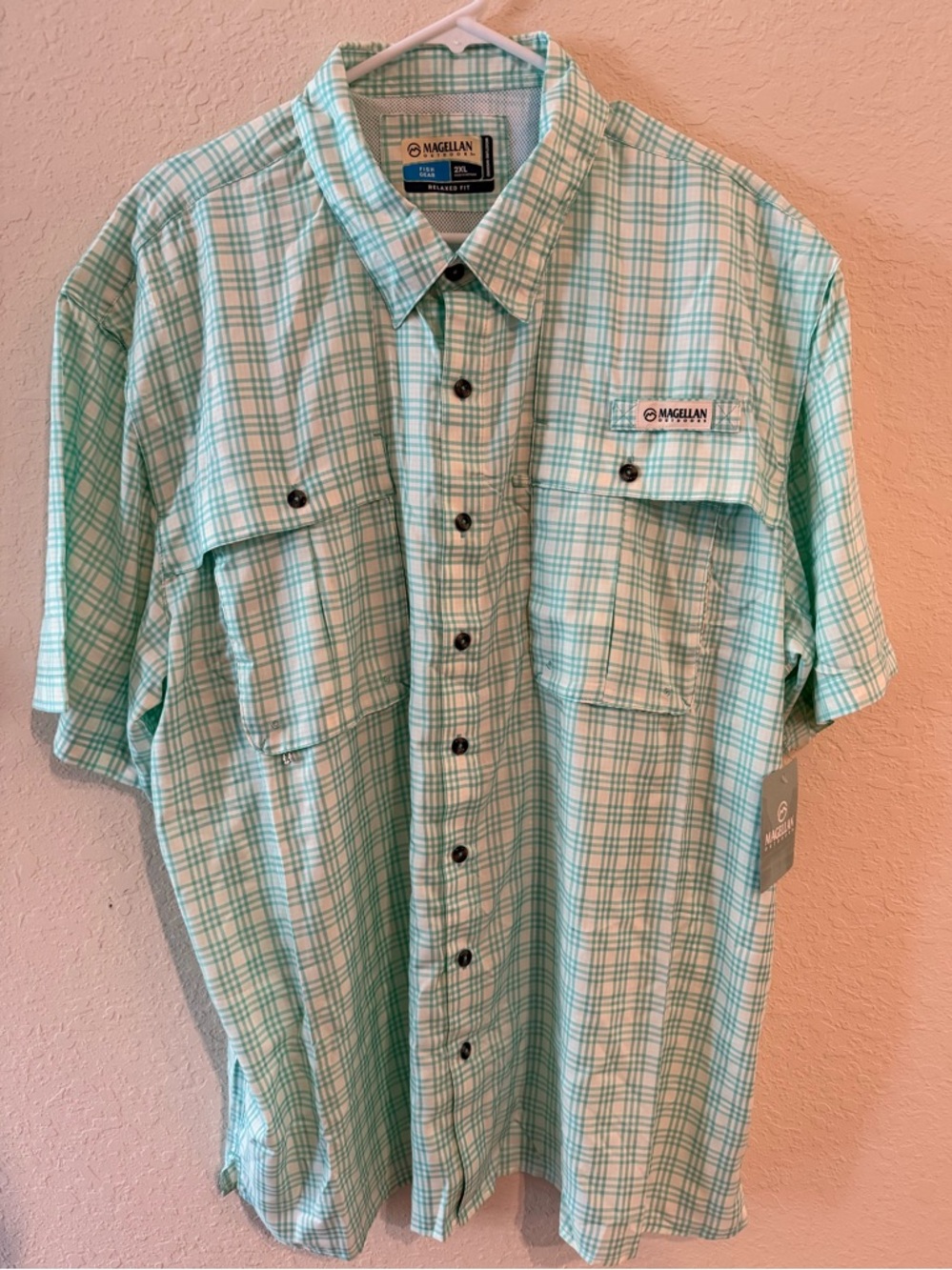 Magellan Outdoors Mint Green Plaid Short-Sleeve Button-Down Shirt 2XL